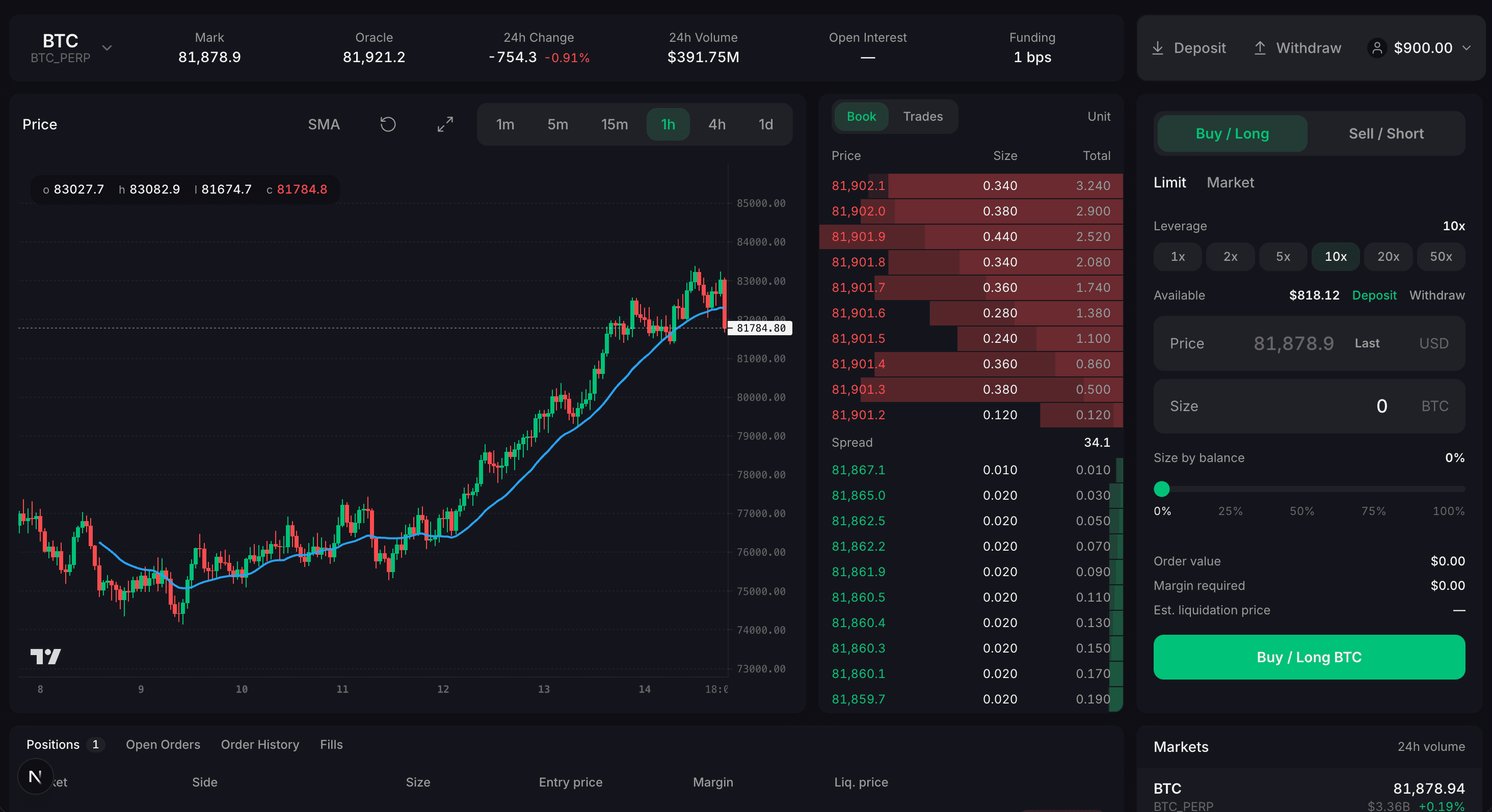 The perpex terminal showing the BTC-PERP price chart, order book, and leveraged order form.